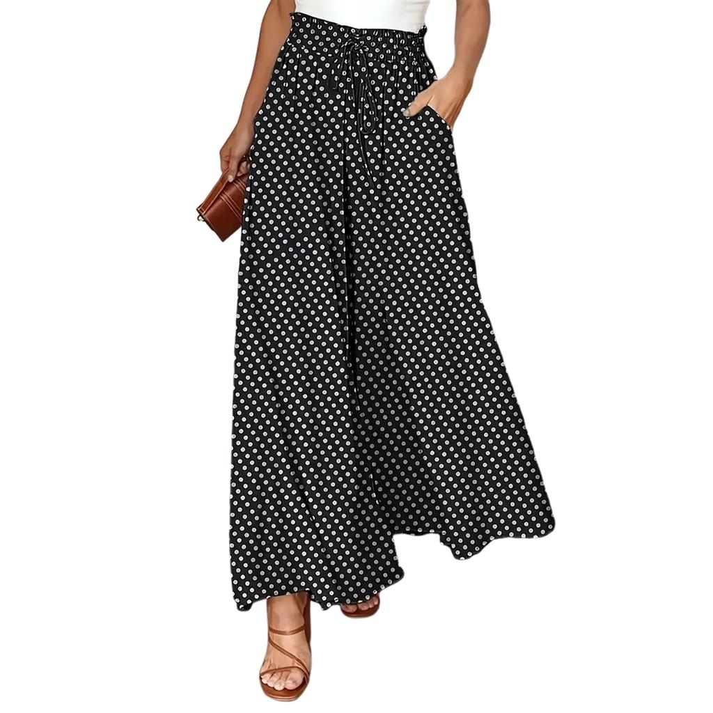 Women's Fashionable Bohemian Wide,leg Trousers With Elastic Waist And Polka Dot Print Long Skirt Pants