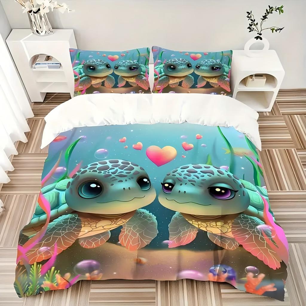 Cute Turtles Pattern 3D Printed Duvet Cover Set Cartoon Couple Style Bedding Set Soft Comfortable Luxury Quilt Cover Pillowcase
