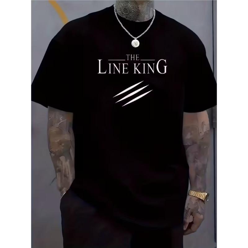 Pánské tričko The LINE KING s grafikou, Evropská velikost, Kulatý výstřih s výrazným bílým potiskem, Vhodné pro běh, večírky a běžné nošení