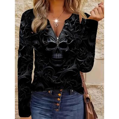 Elegant Casual Comfortable Style Painting Skull Element Printed Pattern Code Women's Round Neck Zipper Long Sleeves