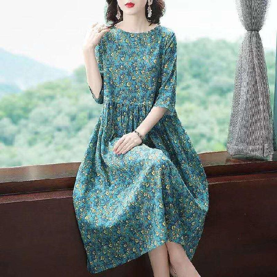 

Summer New Style Floral Maxi Dress for Plus Size Women, Vintage Lady Fashion Casual Printed Long Sleeve Dress XL зелёный
