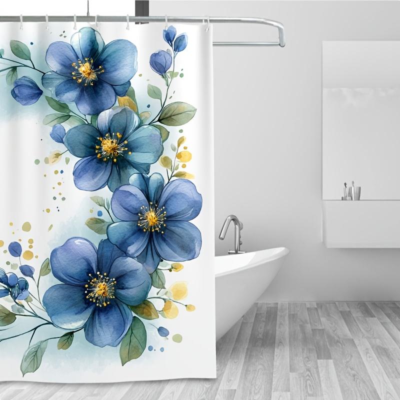 1pc Elegant Watercolor Blue & Green Floral Shower Curtain, Durable Polyester, Easy Clean, with Hooks