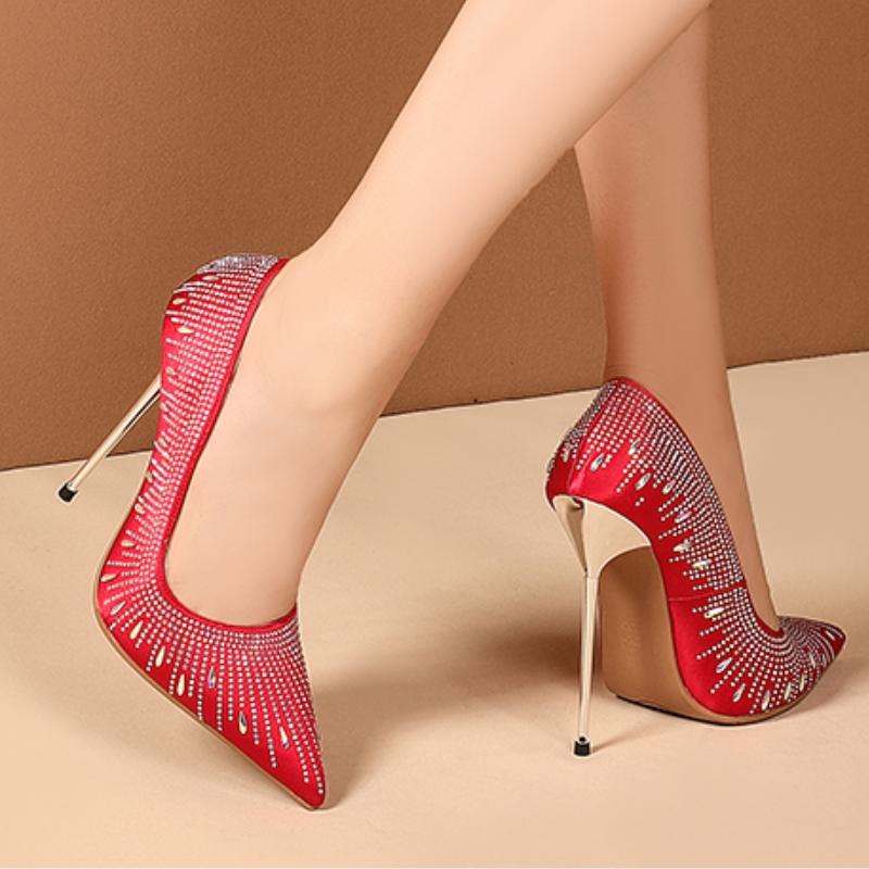 Luxury Thin High Heels Pumps Shoes Woman Large Size Point Toe Red Black Crystal Heeled Party Bridal Wedding Dress Shoes Ladies
