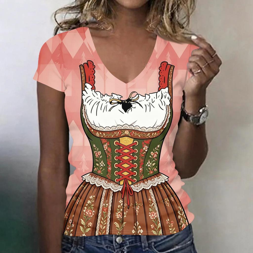 Dámské ležérní tričko s V výstřihem, krátkým rukávem, potiskem Oktoberfest, top, lehké, pohodlný střih, měkká látka