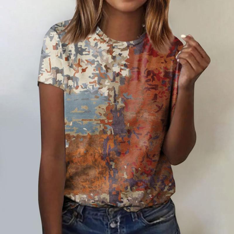 Women's Fashion Casual Retro Textured Printed Round Neck Short Sleeve T-Shirt Top Women's Clothing Sale Women's Luxury Tops Mark