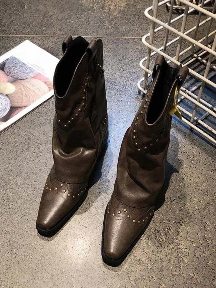 Fashion Black Pointed Toe Mid Calf Shoes Woman Waterproof Pu Demi-season on Offer Gyaru Hot Chic and Elegant Half High Boots for Women