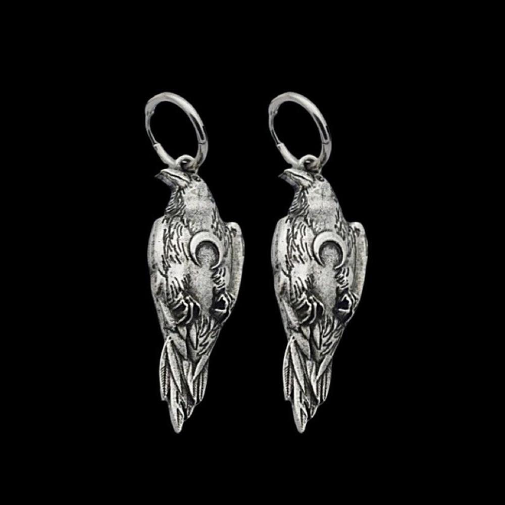 Viking Retro Silver Crescent Moon Raven Bird Dangle Earrings Necklace Set for Men Women Goth Halloween Pagan Witch Jewelry
