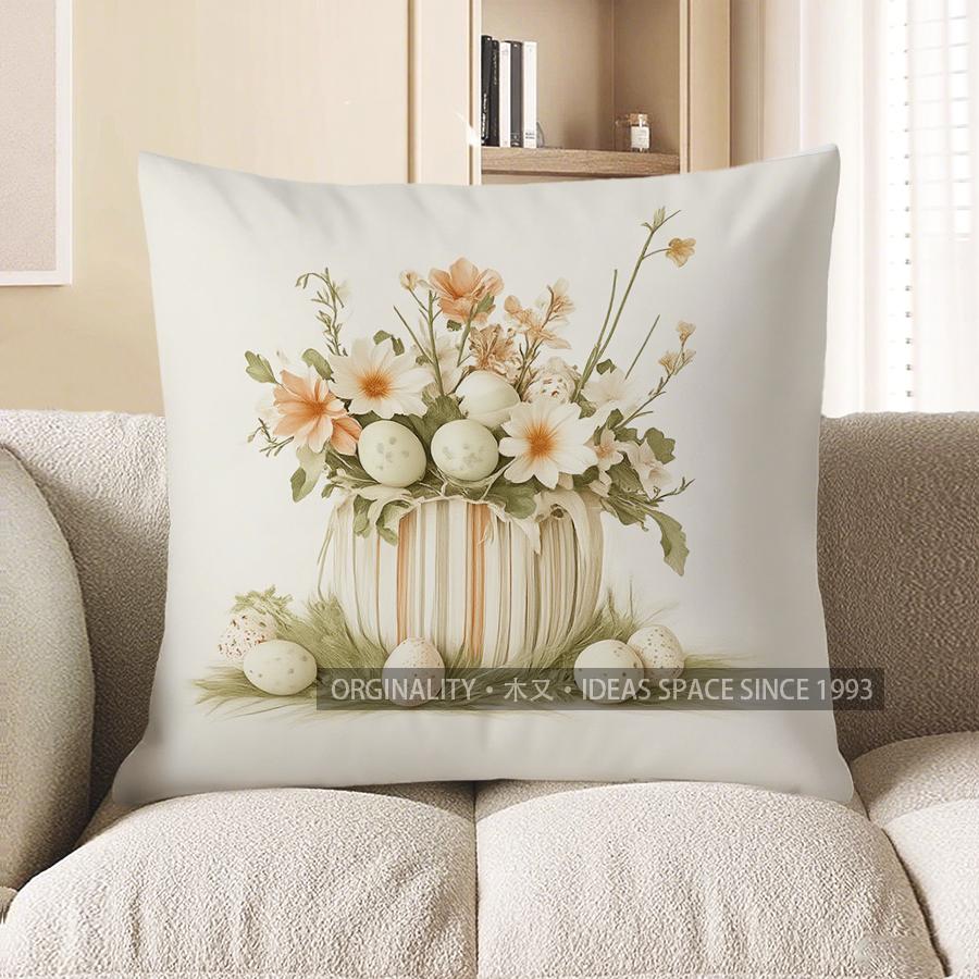 Home Decor Pink Easter Truck With Eggs And Flowers Pattern Cushion Cover Suitable For Sofa Bedroom Car Pillow Cover