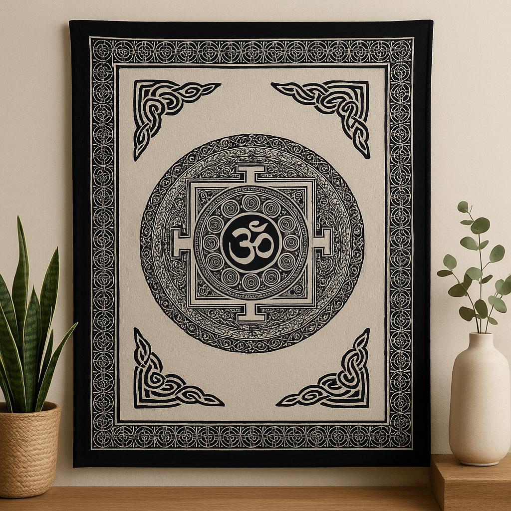 Cotton Bedspread Wall Hanging, Single Om Mandala Mono