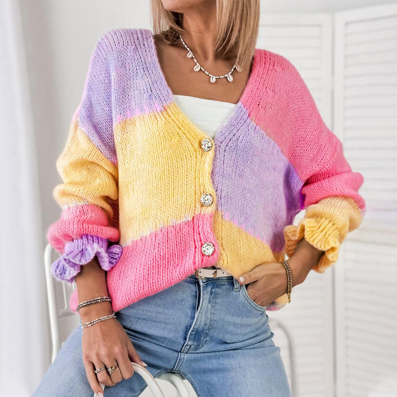 

Полосатый вязаный кардиган женский Осень Зима V-образный вырез Однобортный С длинным рукавом Топы Мода Повседневный Шикарный Женские свитера XL жёлтый