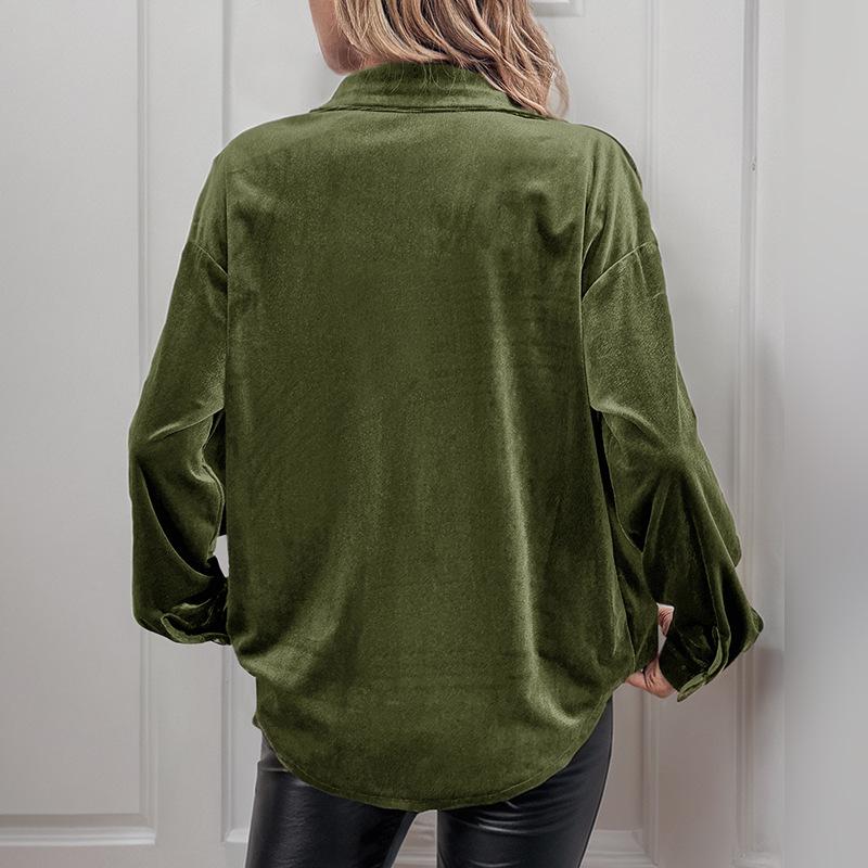 Retro Lapel Velvet Cardigan Shirt for Women - Long Sleeve, Autumn/Winter Collection 2026, European and American Style.