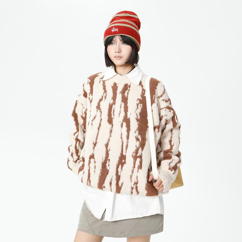 Unisex Streetwear Knit Sweater Winter Thick Warm Pullover With Flame Jacquard Cotton Blend