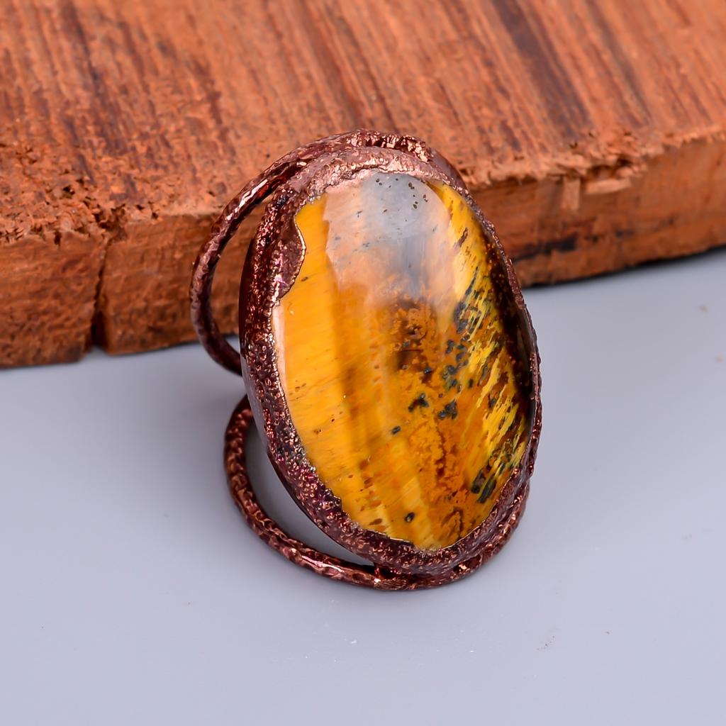 Tiger Eye Stone Eternity Electroformed Sacral Chakra Sisters Gift Ring Copper V-68