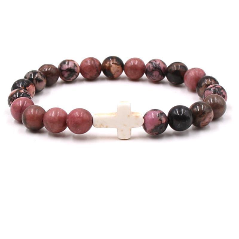 Trendy Beaded Bracelet With Natural Agate Stones - Stylish Cross Pendant Bracelet - Elegant Jewelry For Daily Wear