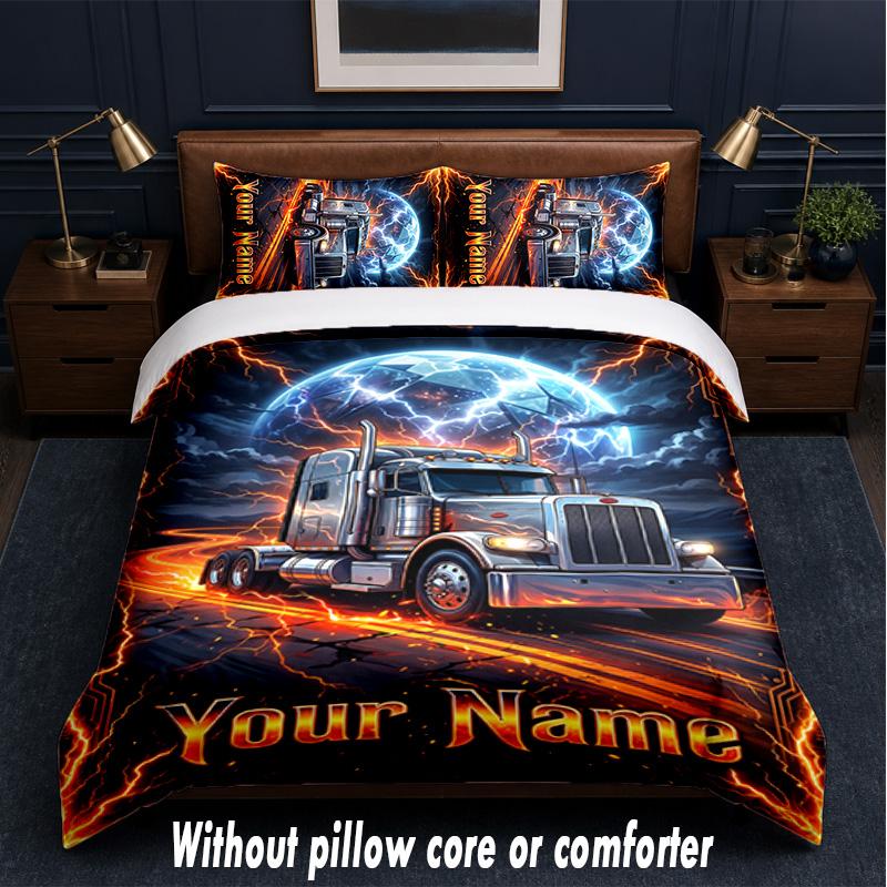 Truck Theme Custom Text Or Name 3Pcs Bedding Set,1 Flat Sheet & 2 Pillowcases Personalized Home Bedding