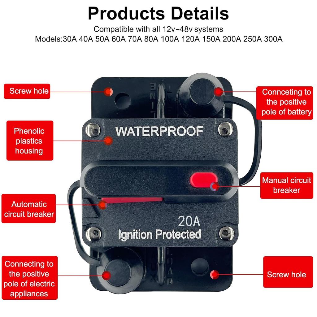 20 Ampere Sicherungsautomat 12V - 48V DC mit manuell zurücksetzbarem Schalterknopf für Boot Trolling-Motor Marine ATV Anhänger Fahrzeuge Stereo Audio Elektronisch