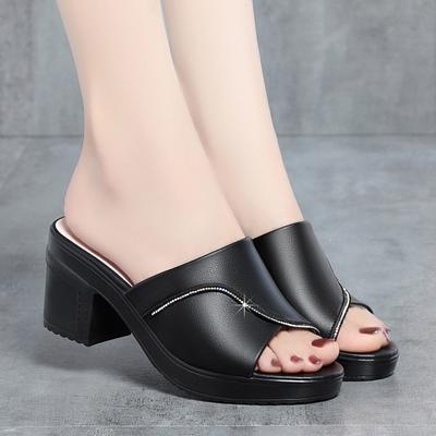 Women Summer New High-heeled Waterproof Platform Sandals Thick-heeled Bright Soft Leather Solid Fish Mouth Casual Slippers