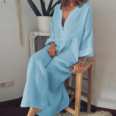 Abito Lungo in Cotone e Lino Moda Primavera Autunno per Donna Estate Sexy Casual Manica Corta Slim Fit Abito Camicia Lento Abbigliamento Femminile da Spiaggia