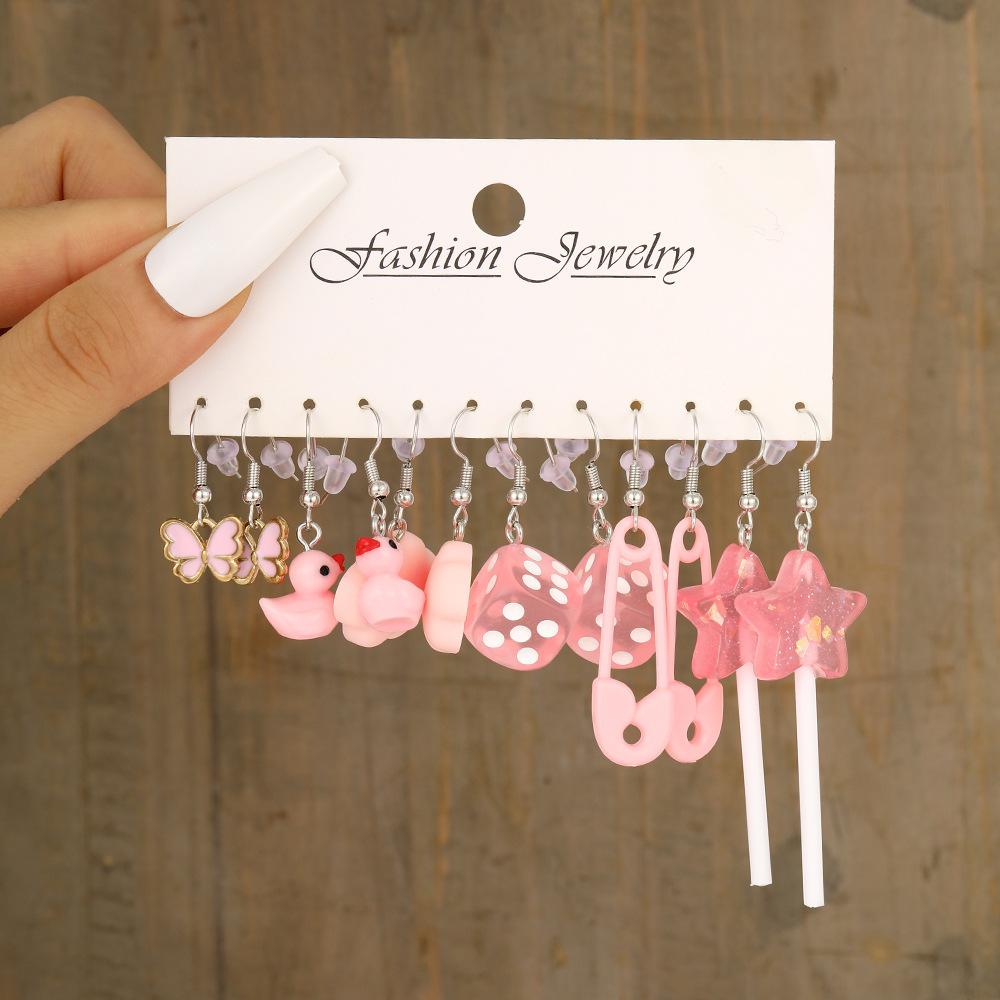 New Fashion Cute Cartoon Pink Earring Set Colorful Dopamine Acrylic Earrings for Women Girls New Trendy Jewelry Accessories Gift
