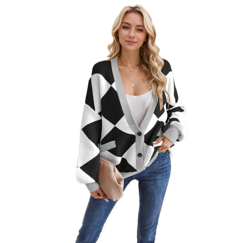 Women Color Block Loose Cardigan Button Knit Sweater Fall and Winter Coatigan