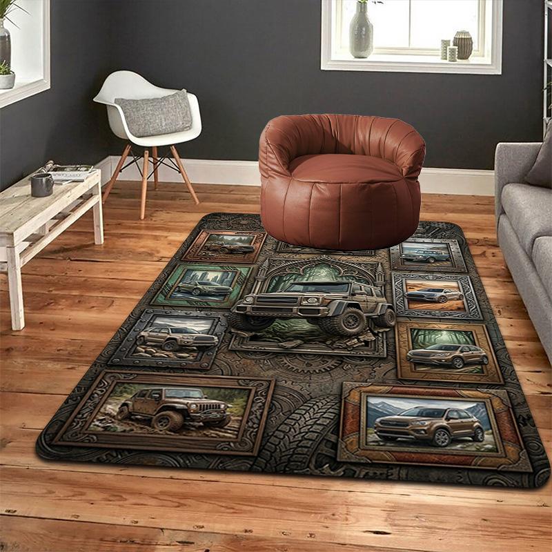 Vintage Car Collage Pattern Rug Floor Mat for Living Room or Bedroom Soft and Comfortable Carpet a Gift for Birthday and Holiday.