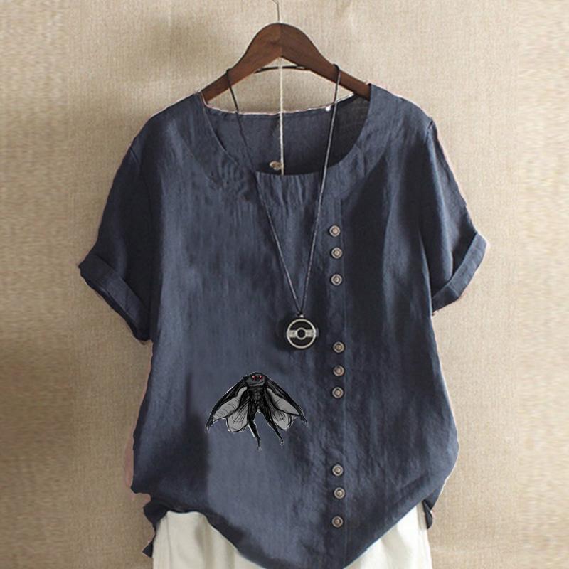 Women's Fashion Housefly Print Short Sleeve T-shirt Loose Cotton Shirt Casual Loose Summer Blouse Tops Plus Size