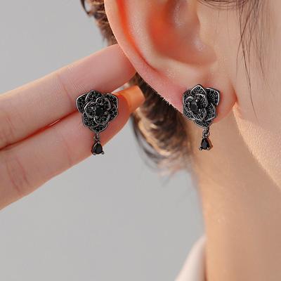 Black Rose Diamond Stud Earrings Women'S Fashion Temperament High-End Earrings S925 Silver Needle Light Luxury Earrings