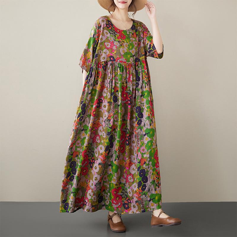 Summer Plus Artistic Retro Loose Round Neck Pullover Mid Length Short Sleeved Dress for Women Casual Dresses