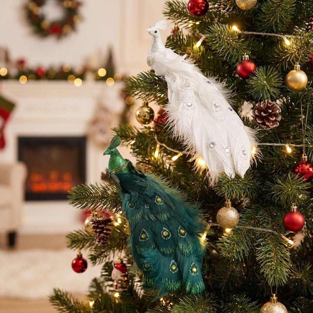 Glitzer Clip-on Pfau Baum Dekoration Langer Schwanz Weich Flauschig Weihnachten Pfau Anhänger Eingebauter Clip Schimmernde Gefiederte