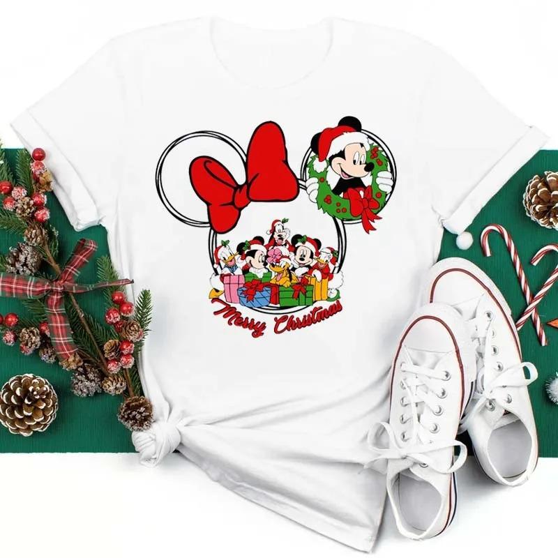 

Футболка Disney Merry Christmas Unisex 2024 года, модная повседневная хлопковая футболка с короткими рукавами и милым рождественским принтом Микки Мауса, топ Y2k L