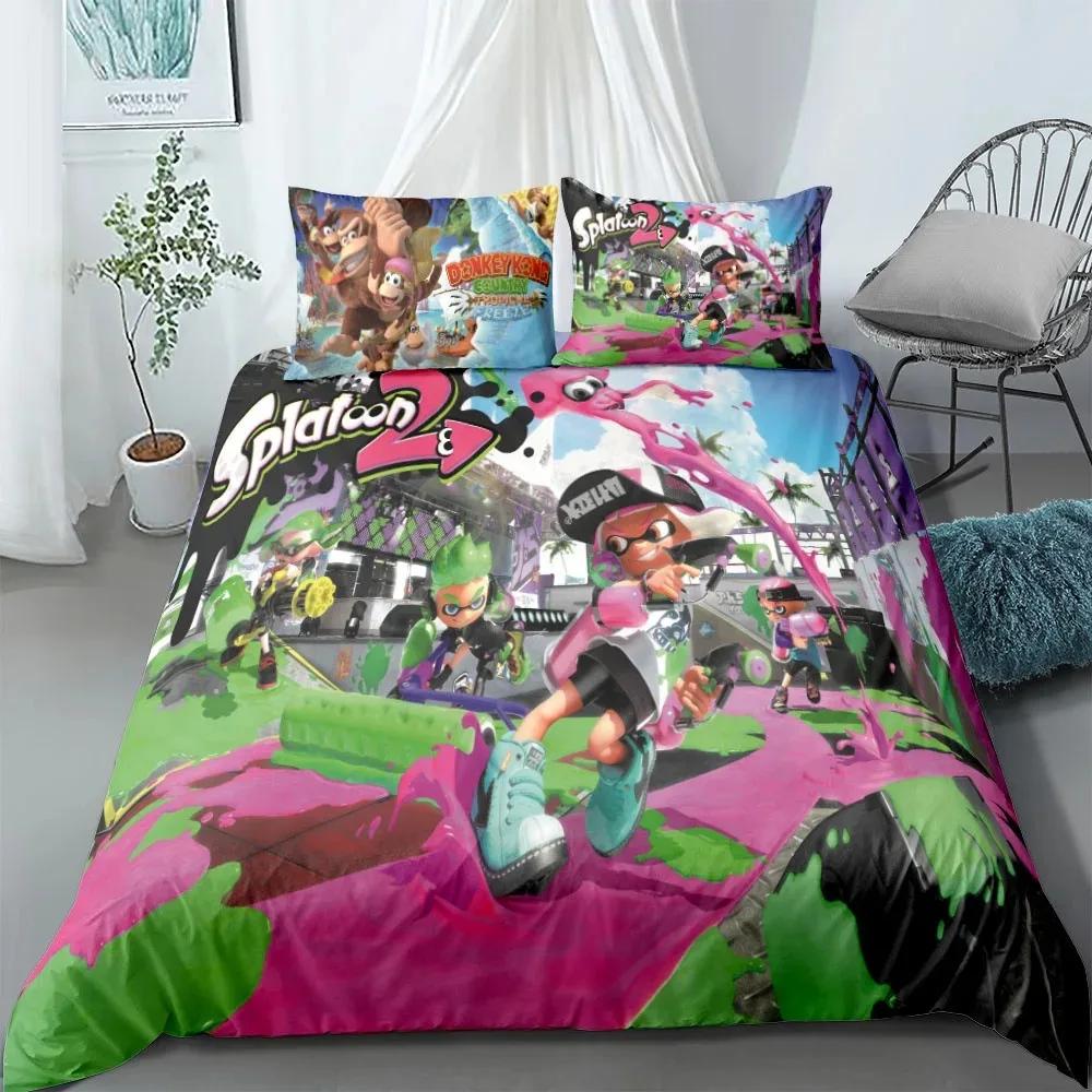 Set Biancheria da Letto Splatoon Cartone Animato Tessili per la Casa Per Bambini Set da Letto Copripiumino Set Camera da Letto Regina Copripiumino Dinosauro