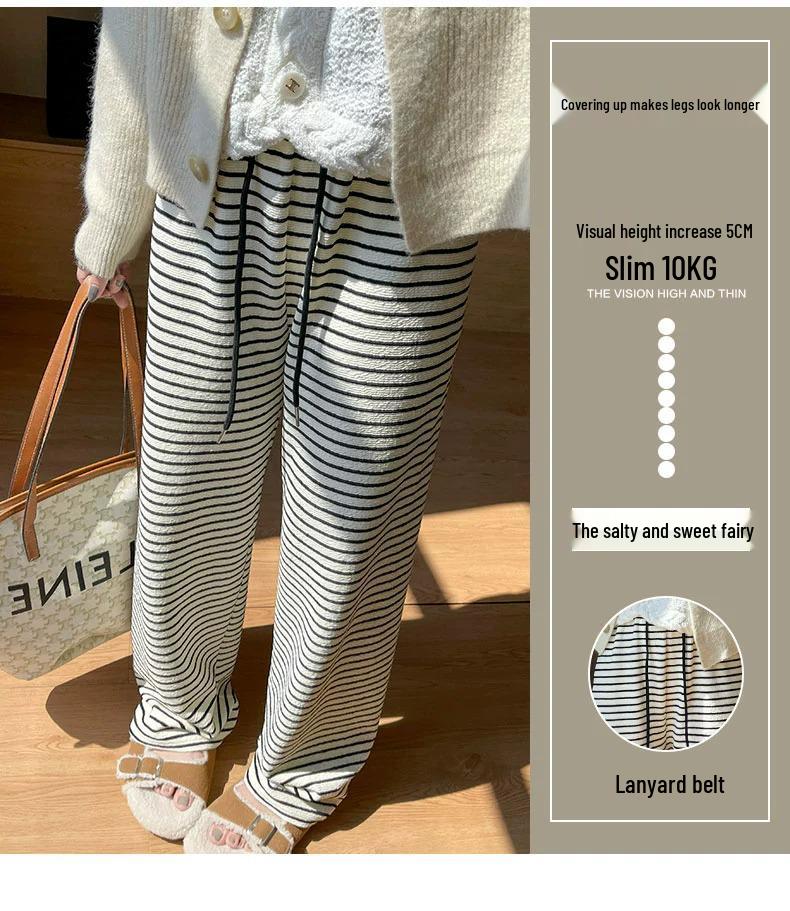 Women's Petite High-Waisted Black & White Striped Wide-Leg Pants - Autumn/Winter Casual Loose Fit with Plus Velvet