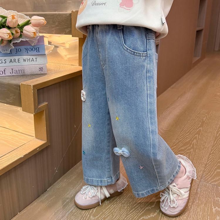 Bestickte Stern & Schleife Weitbeinige Jeans für Mädchen - Koreanischer Stil, Frühling/Herbst