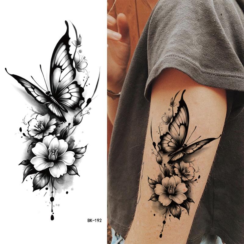 Tattoo Sticker, Plain Flower English, Letter Flower Butterfly Line Transfer Sticker Tattoo