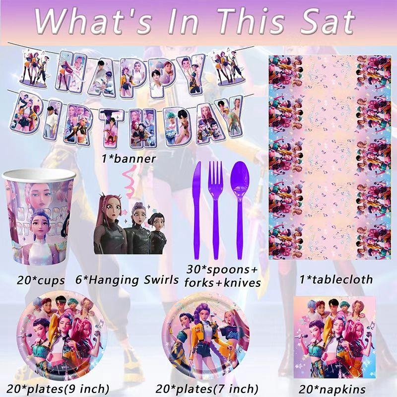 K-POP Blaue Hexenjäger Thema Geschirrset, Pappteller, Pappbecher, Tischdecken, Banner, Geburtstagsfeier Dekorationszubehör