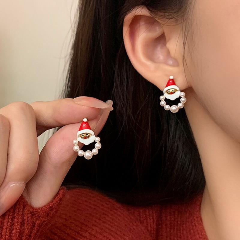New Fashion Christmas Stud Earring For Women Santa Claus Pearl Zircon Snowflake Elk Sock Hat Asymmetric Earring Festival Jewelry