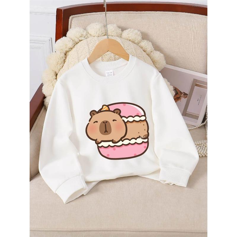 Crewneck Sweatshirt for Girls Featuring an Adorable Bear Cake Design, Suitable for Machine Washing