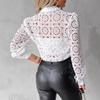 Camicie di Pizzo da Donna Lusso Ufficio Camicia Bianca Manica Lunga Bottoni Collo a Revers Sexy Top Traforati Popolari Abbigliamento da Donna
