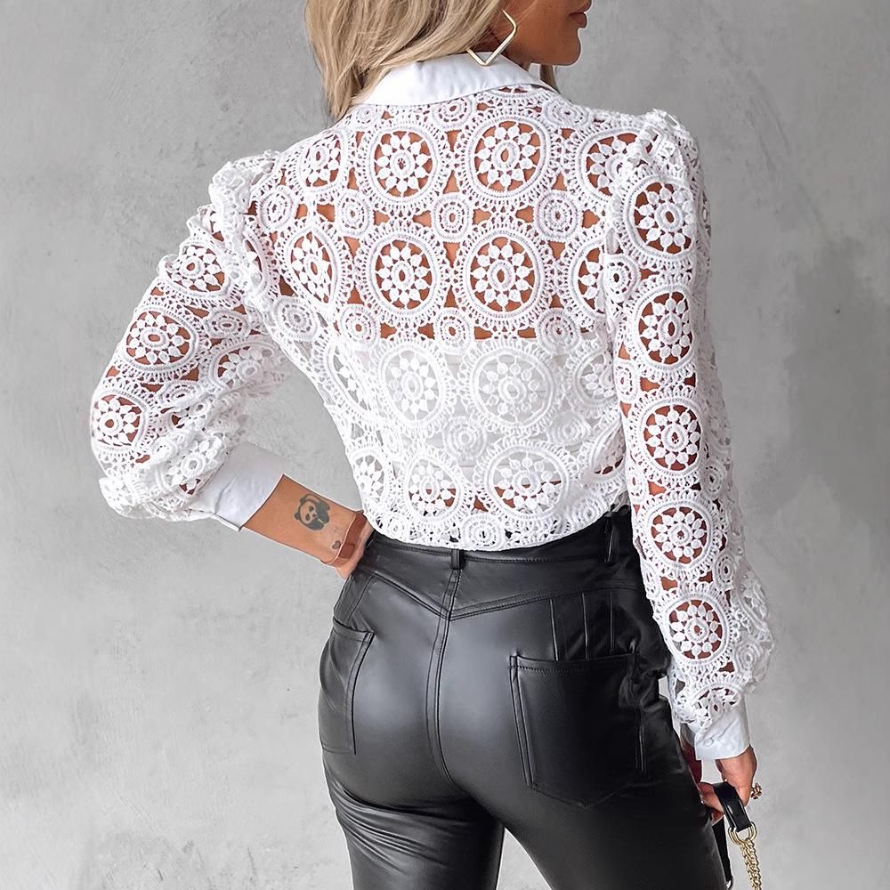 Camicie di Pizzo da Donna Lusso Ufficio Camicia Bianca Manica Lunga Bottoni Collo a Revers Sexy Top Traforati Popolari Abbigliamento da Donna