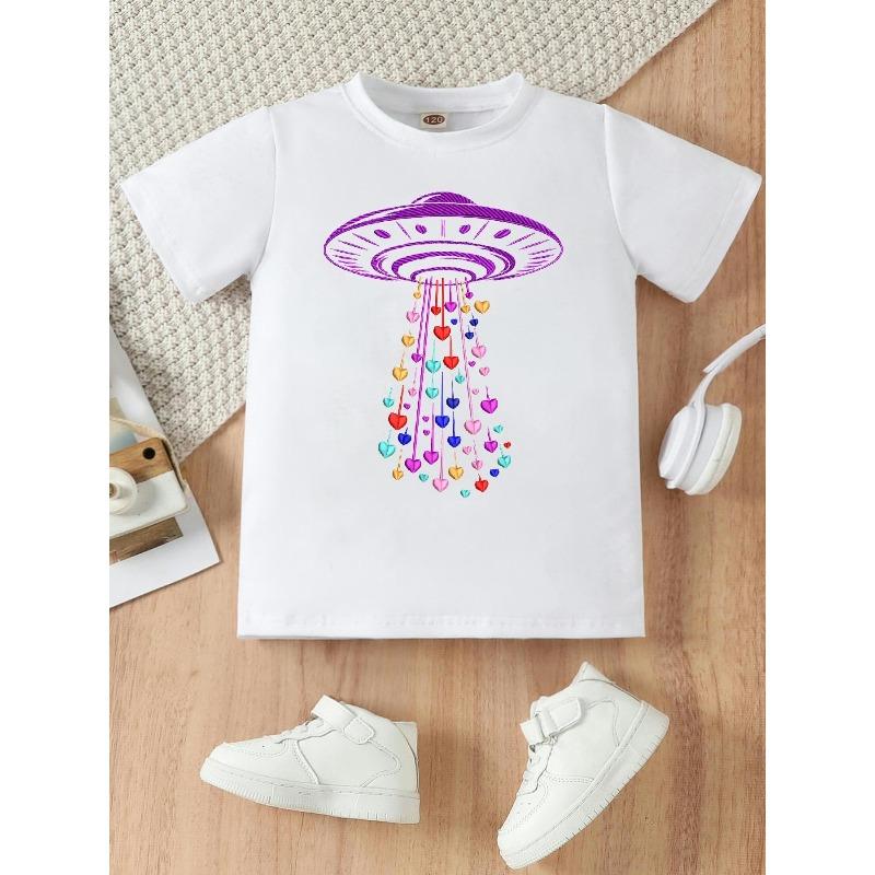 Evropské velikosti Fialové T-shirt s potiskem tajemného srdce a vesmírné lodi, Krátký rukáv, Letní T-shirt, Ležérní a Módní