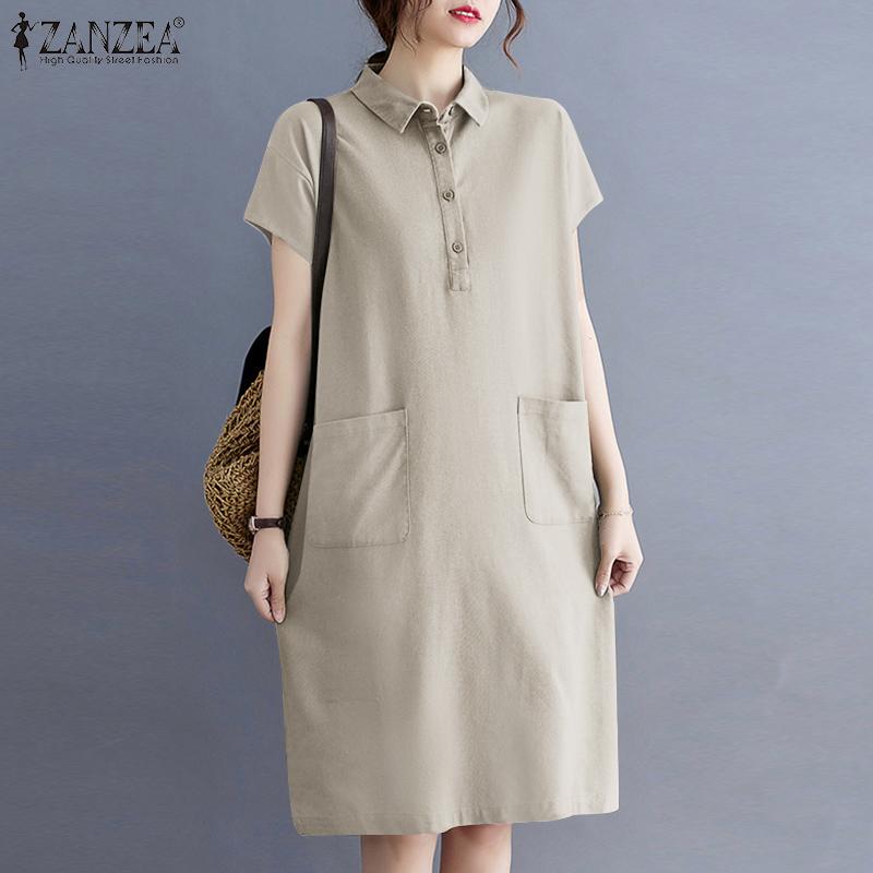 

ZANZEA женское однотонное платье-рубашка с передними карманами и коротким рукавом с отложным воротником