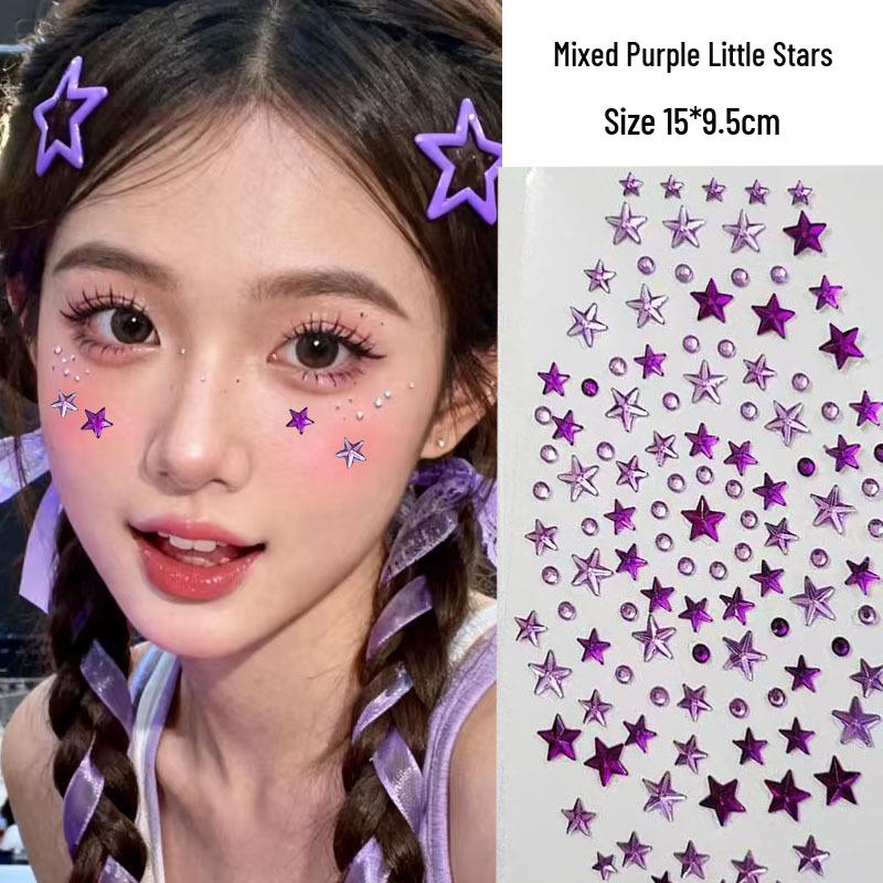 Concert Face Stickers: Five-Pointed Star, Blue Heart, Bowknot, Glue-Free Rhinestones for Makeup