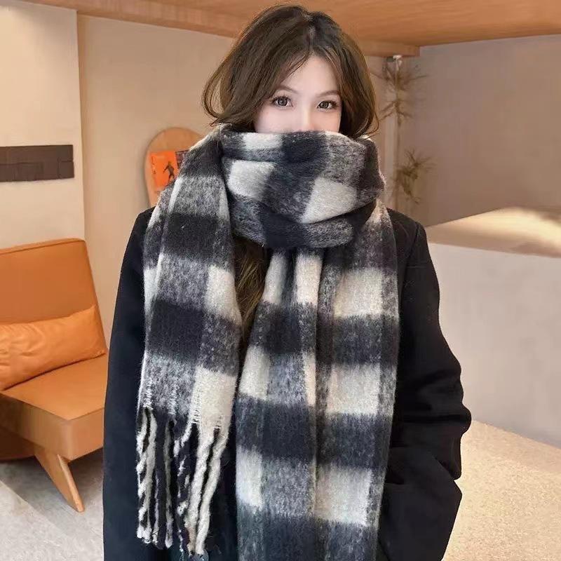 Korean Style Imitation Cashmere Plaid Scarf - Women's Warm, Thick, and Versatile Neck Warmer for Fall and Winter.