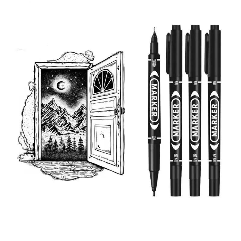 9pcs/set Twin Tip Permanent Art Marker Pen Double Headed Oily Waterproof Ink  Black Blue Red 0.5mm 1mm Drawing Logistics Glass