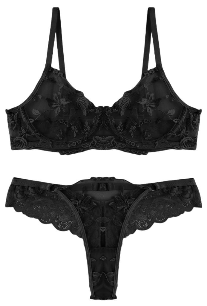 Maeau Bra Beautiful Sexy Lace Embroidered Floral No Sexy Size L See-Through Set, Breasts, Lingerie, Women's Bra, T-Back Panties, Print, Pads, Thin,