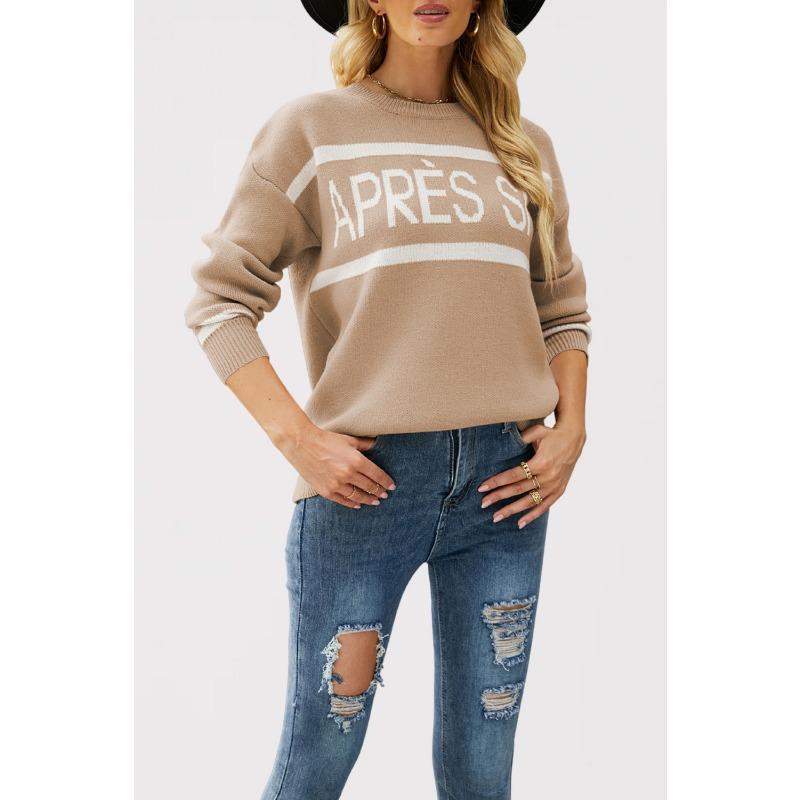 

Новый осенне-зимний женский топ с длинным рукавом, лидер продаж, модный базовый вязаный свитер с круглым вырезом и жаккардовым узором в виде букв XL хаки