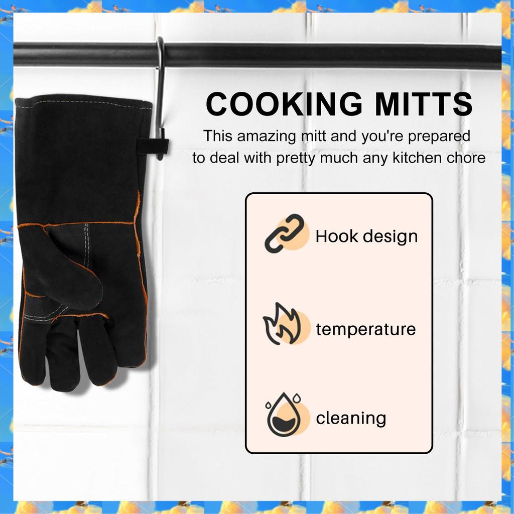 FTS Extrem Hitzebeständige & Feuerfeste Handschuhe Leder Mit Nähten, Fäustlinge Perfekt Für Kamin, Ofen, Grill, Schweißen, BBQ, MIG, Topf H