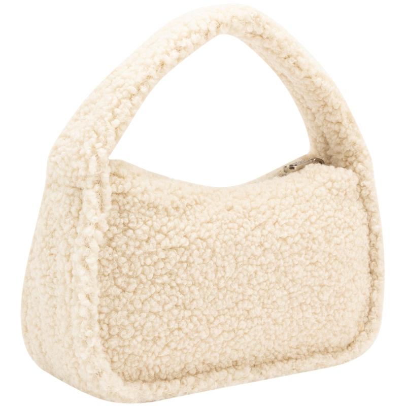Calvin Klein Trendy retro imitation sherpa metal letters, fashionable and cute, fabric handbag, medium size, women's cream white PAS-cream white