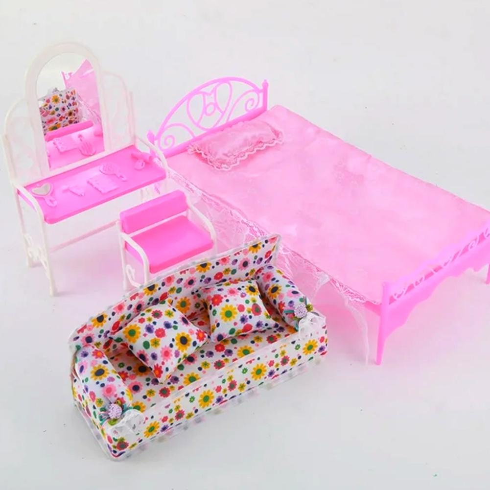 1 Set Mini Puppensofa Plüsch Stoffmöbel Blume Spielzeug Kissen Baby Couch Druck Spielzeug Zubehör R3J4