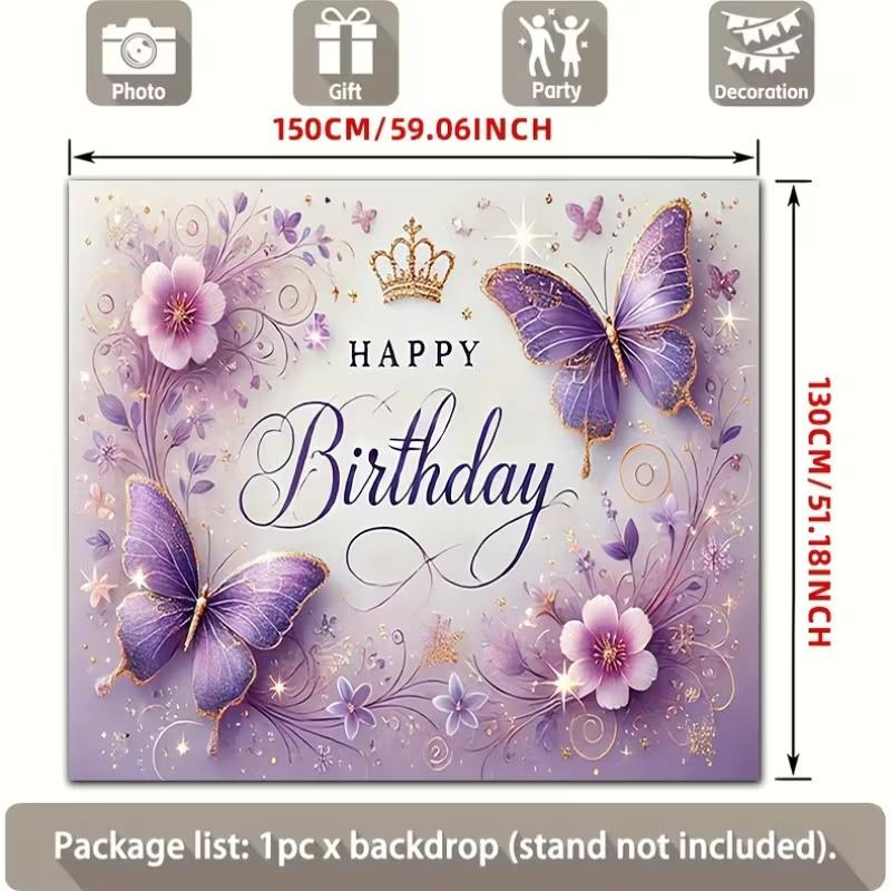 2D Soft Purple & Gold Butterfly Themed Birthday Photo Booth Background Cloth